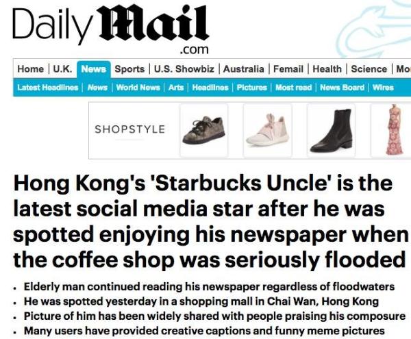 中国大爷在洪水中的星巴克淡定喝咖啡，然后红遍了facebook和twitter